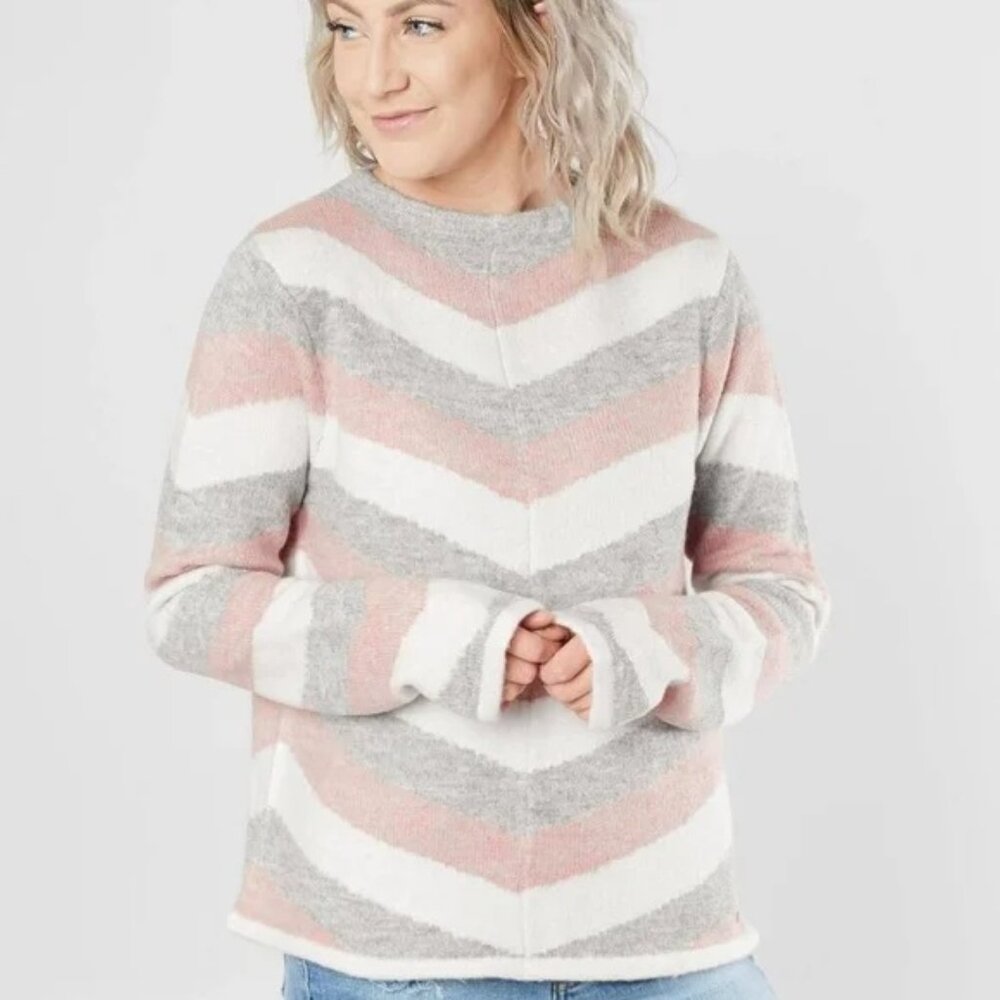 Bench Chevron Sweater Mock Neck Grey Dusty Pink Off White Pullover Eggnog S